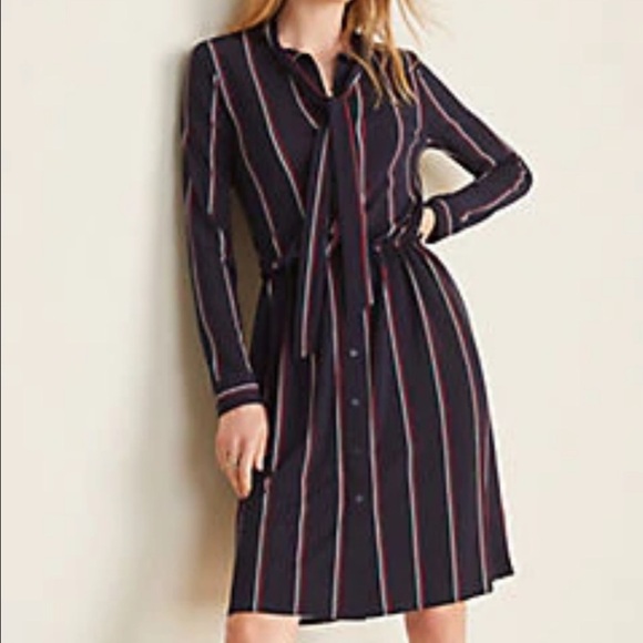 Ann Taylor Tie Neck Button Front Long Sleeve Navy Red Stripe Dress Size Medium - Picture 9 of 9
